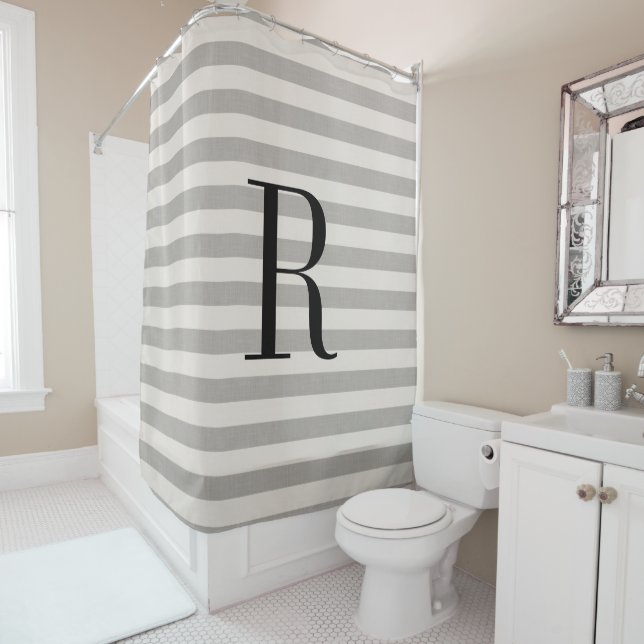 Gray Stripes Large Monogram | Farmhouse Bathroom Shower Curtain (In Situ)