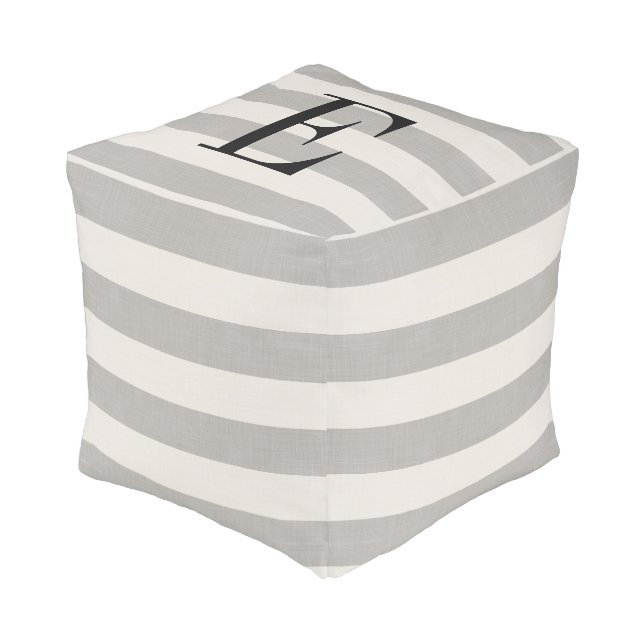 Gray Stripes Large Monogram | Farmhouse Decor Pouf (Angled Front)
