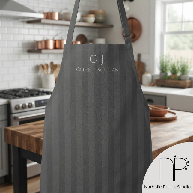 Gray Stripes Monogram Wedding Apron (Gray Stripes Monogram Wedding Apron features custom names and monogram details)