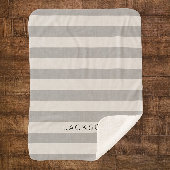 Gray Stripes Name Monogram | Modern Farmhouse Sherpa Blanket (Creator Uploaded)