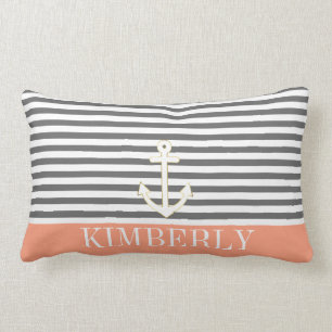 Gray Stripes Nautical Anchor Coral Monogram Lumbar Pillow
