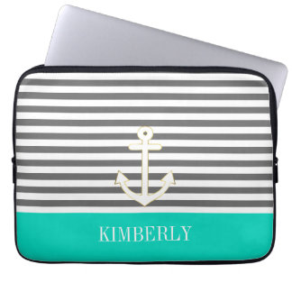 Gray Stripes Nautical Anchor Teal Monogram Laptop Sleeve