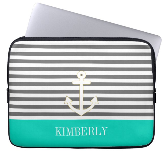 Gray Stripes Nautical Anchor Teal Monogram Laptop Sleeve (Front)