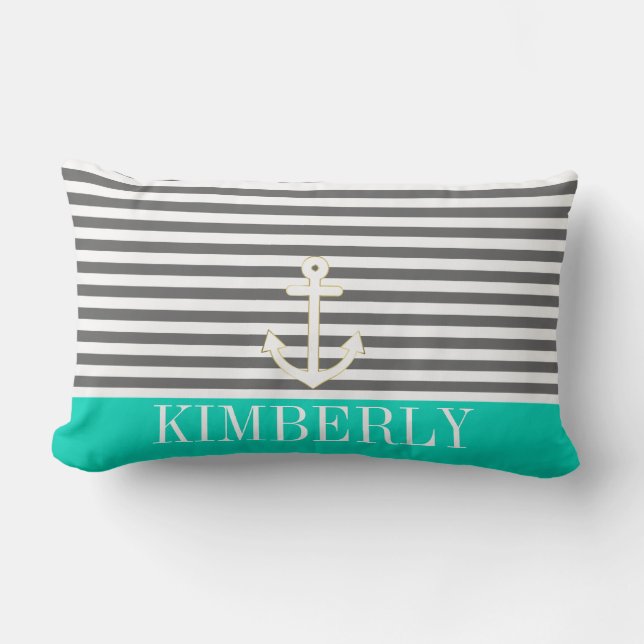 Gray Stripes Nautical Anchor Teal Monogram Lumbar Pillow (Front)