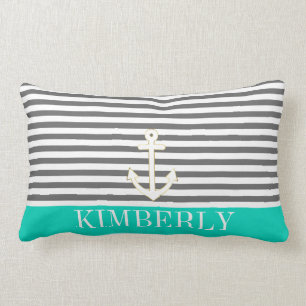 Gray Stripes Nautical Anchor Teal Monogram Lumbar Pillow