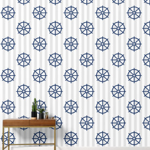 Gray Stripes Nautical Coastal Navy Ship Wheel Helm Wallpaper