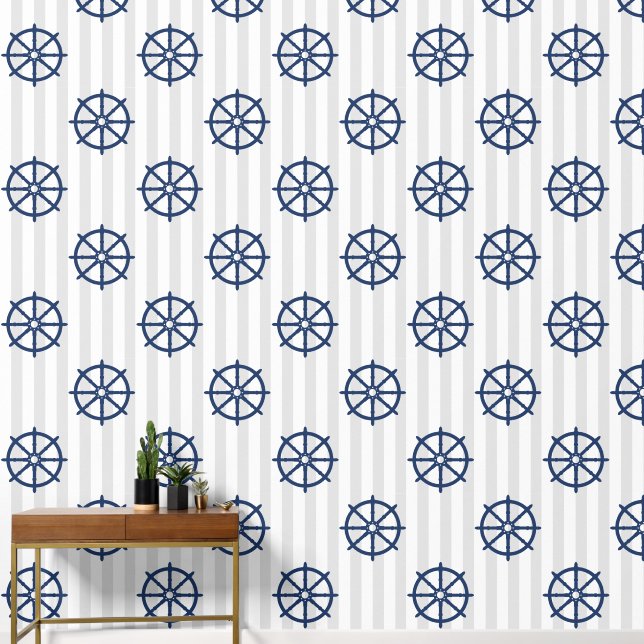 Gray Stripes Nautical Coastal Navy Ship Wheel Helm Wallpaper (Hallway)