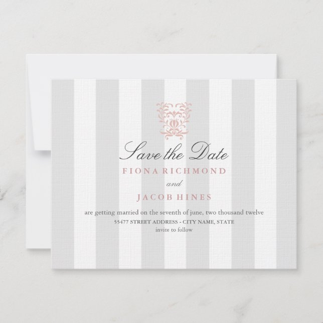 Gray Stripes & Peach Damask Wedding Save The Date (Front)