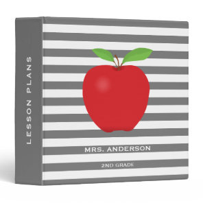 Gray Stripes Red Apple Personalized Teacher 3 Ring Binder