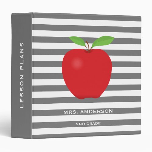 Gray Stripes Red Apple Personalized Teacher 3 Ring Binder - This teacher binder features a modern gray and white horizontal stripe pattern with a digital illustration of a red apple.