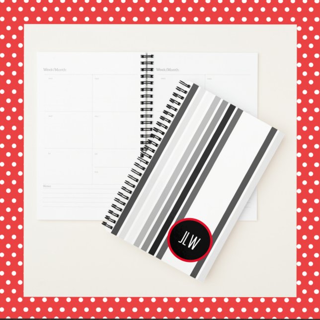 Gray Stripes Red Circle Black White with Initials Planner (Creator Uploaded)
