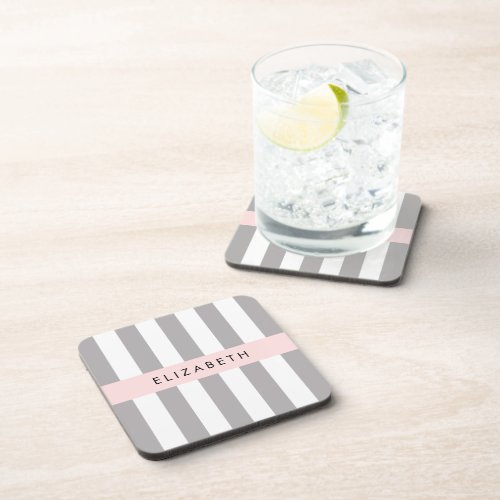 Gray Stripes Striped Pattern Lines Your Name Beverage Coaster