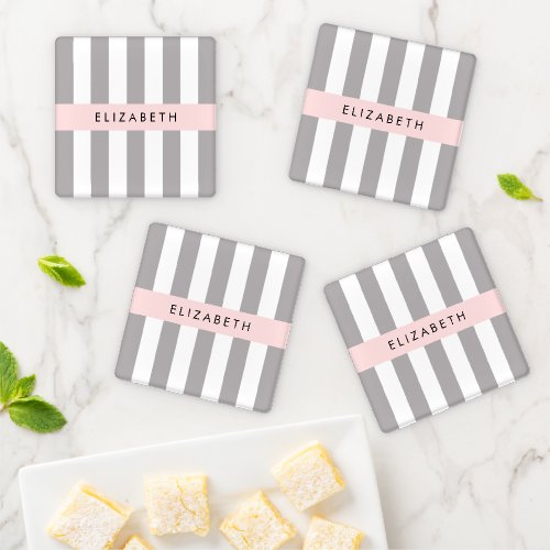 Gray Stripes Striped Pattern Lines Your Name Coaster Set