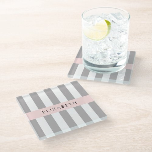 Gray Stripes Striped Pattern Lines Your Name Glass Coaster