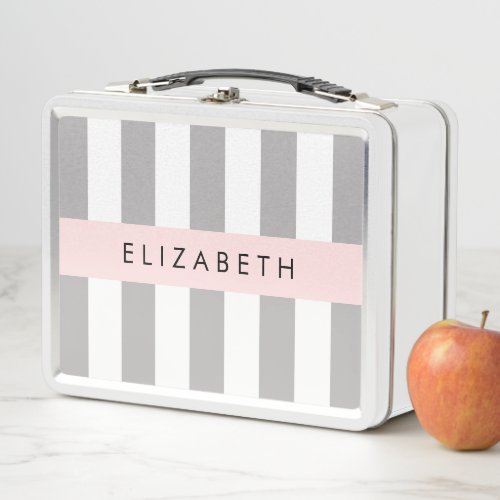Gray Stripes Striped Pattern Lines Your Name Metal Lunch Box
