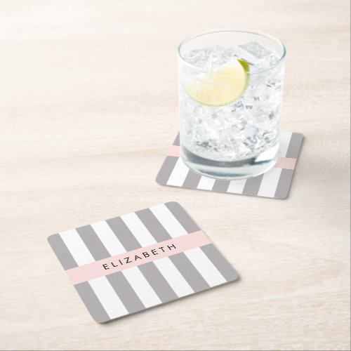 Gray Stripes Striped Pattern Lines Your Name Square Paper Coaster