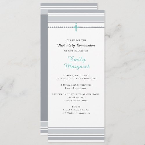 Gray Stripes Teal Cross First Holy Communion Invitation