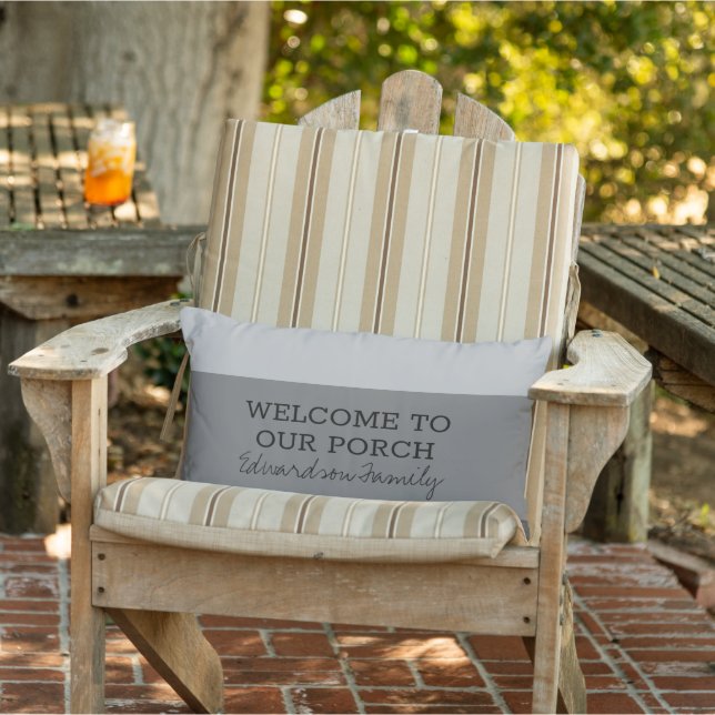 Gray stripes welcome porch family name lumbar pillow (Chair)