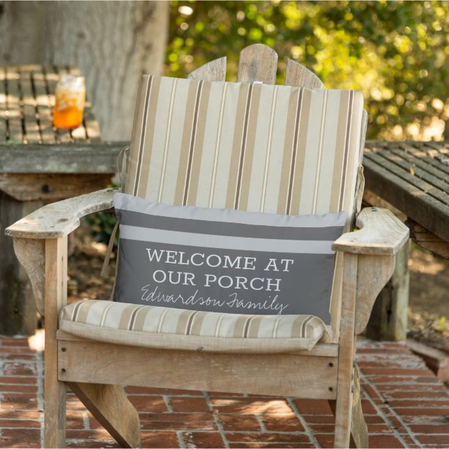 Gray stripes welcome porch family name outdoor lumbar pillow (Chair)