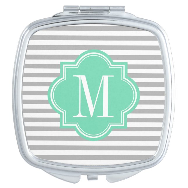 Gray Stripes with Mint Monogram Makeup Mirror (Front)