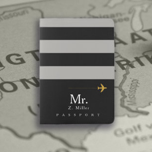 gray stripes with Mr. name on black Passport Holder
