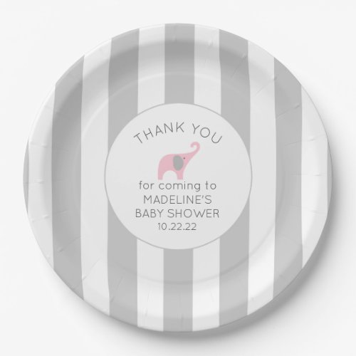 Gray Stripes with pink elephant baby shower decor Paper Plates
