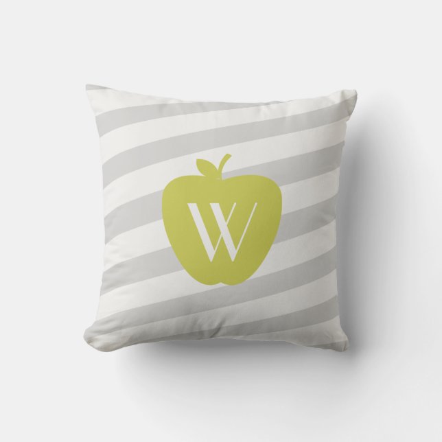 Gray Stripes Yellow Apple Monogram Teacher Pillow (Front)
