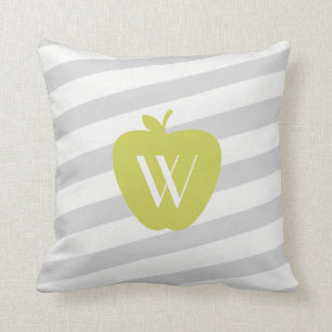 Gray Stripes Yellow Apple Monogram Teacher Pillow