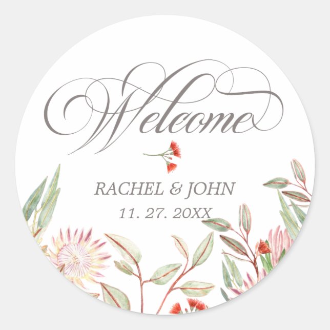Gray Stylish Calligraphic Script Welcome Wedding Classic Round Sticker (Front)