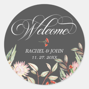 Gray Stylish Calligraphic Script Welcome Wedding Classic Round Sticker