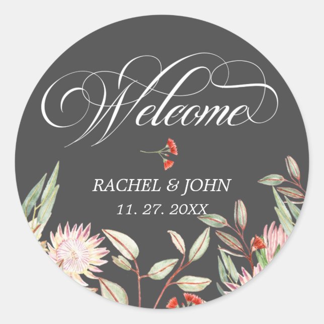 Gray Stylish Calligraphic Script Welcome Wedding Classic Round Sticker (Front)
