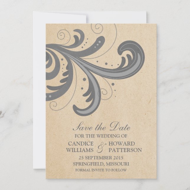 Gray Stylish Swirls Save the Date Invite (Front)