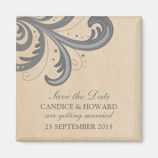Gray Stylish Swirls Save the Date Magnet (Front)