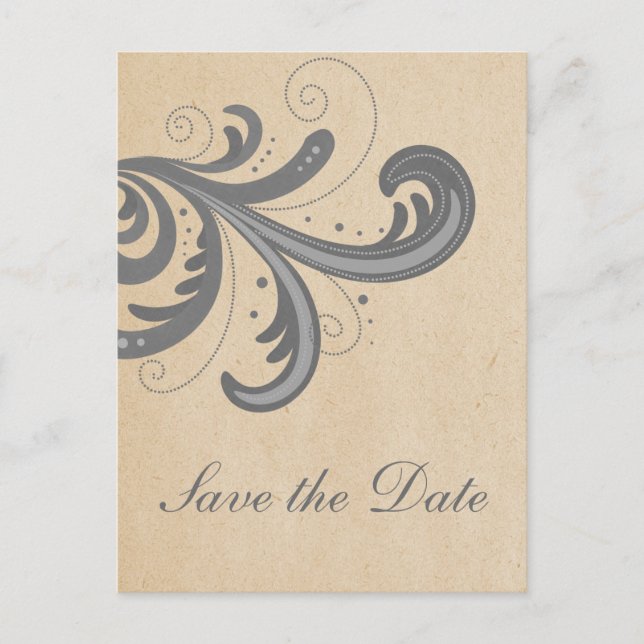 Gray Stylish Swirls Save the Date Postcard (Front)