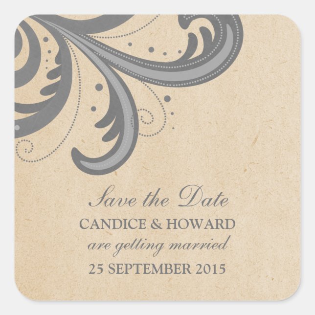 Gray Stylish Swirls Save the Date Stickers (Front)