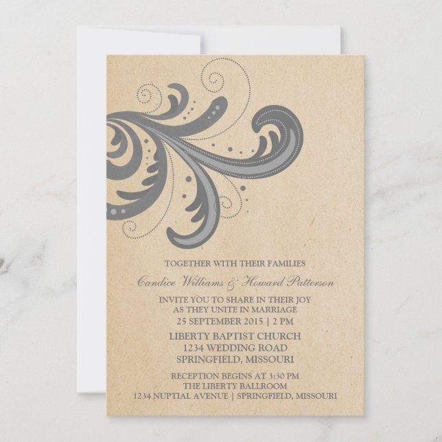 Gray Stylish Swirls Wedding Invite (Front)