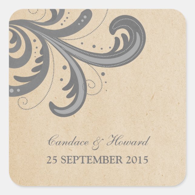 Gray Stylish Swirls Wedding Stickers (Front)