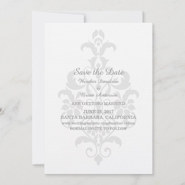 Gray Subtle Damask Save the Date Invite (Front)