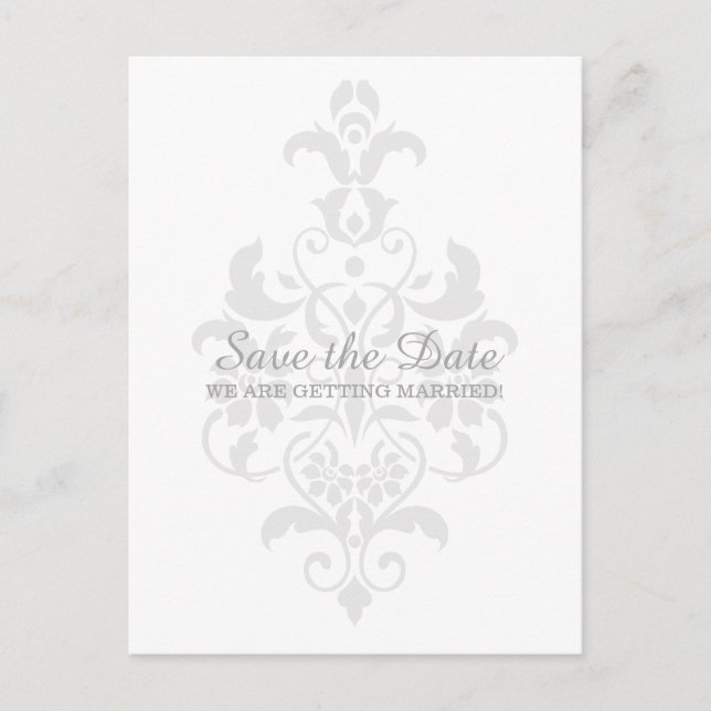 Gray Subtle Damask Save the Date Postcard (Front)