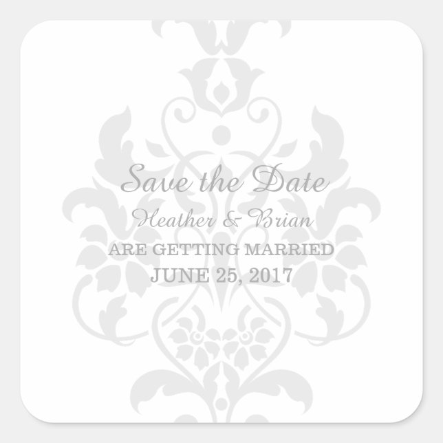 Gray Subtle Damask Save the Date Stickers (Front)
