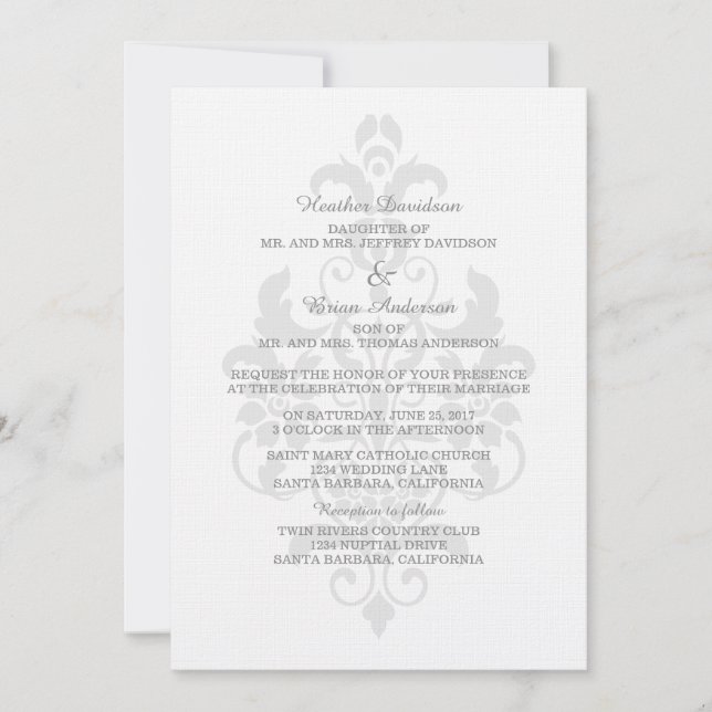 Gray Subtle Damask Wedding Invite (Front)
