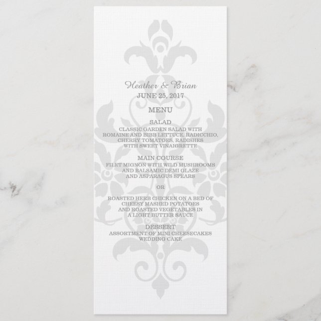 Gray Subtle Damask Wedding Menu (Front)