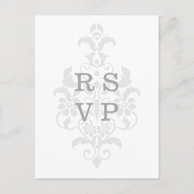 Gray Subtle Damask Wedding RSVP Postcard (Front)