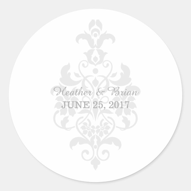 Gray Subtle Damask Wedding Stickers (Front)
