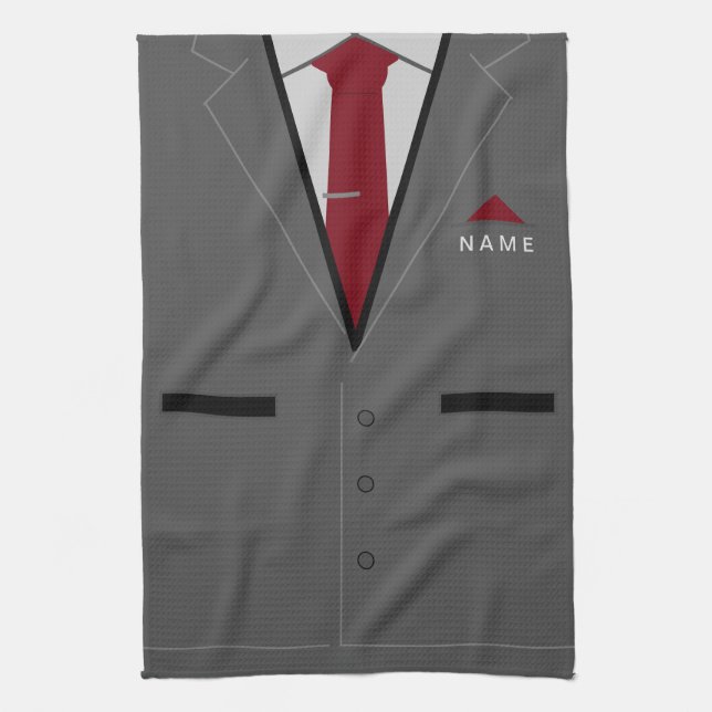 Gray Suit With Red Necktie - Add Name - Funny Kitchen Towel (Vertical)