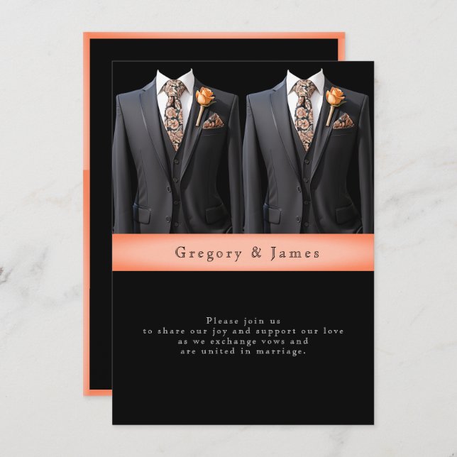  Gray Suits Peach Roses & Floral Tie Invitation (Front/Back)
