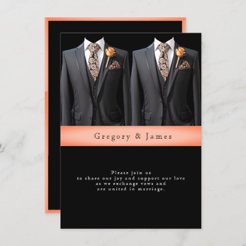  Gray Suits Peach Roses  Floral Tie Invitation