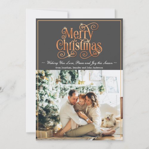 Gray Swirl Shiny Gold Text Photo Christmas Holiday Card