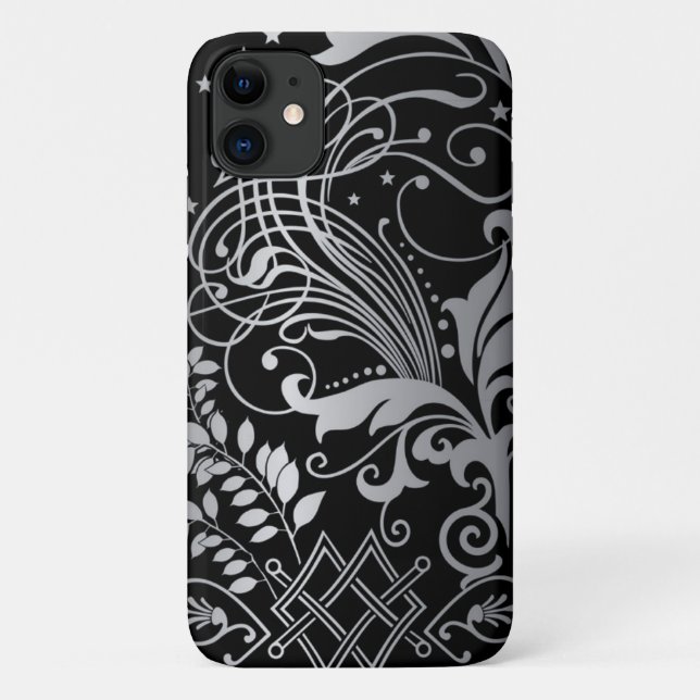 Gray Swirling Damask Pattern on Black Case-Mate iP iPhone Case (Back)