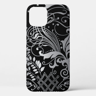 Gray Swirling Damask Pattern on Black iPhone 12 Case